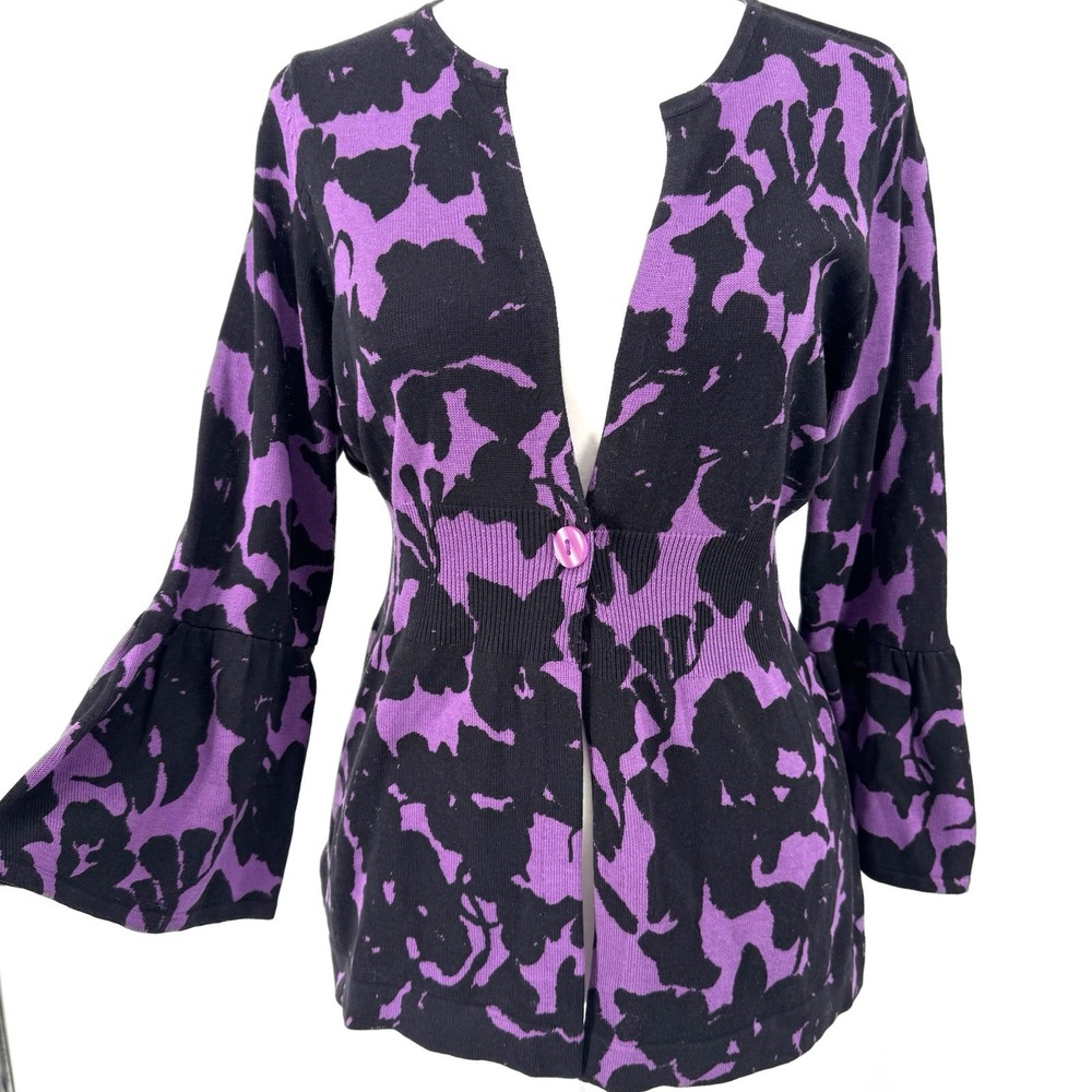 INC Y2K Bell Sleeve Cardigan L Vintage Glam Fitted 2000s Purple Abstract Floral